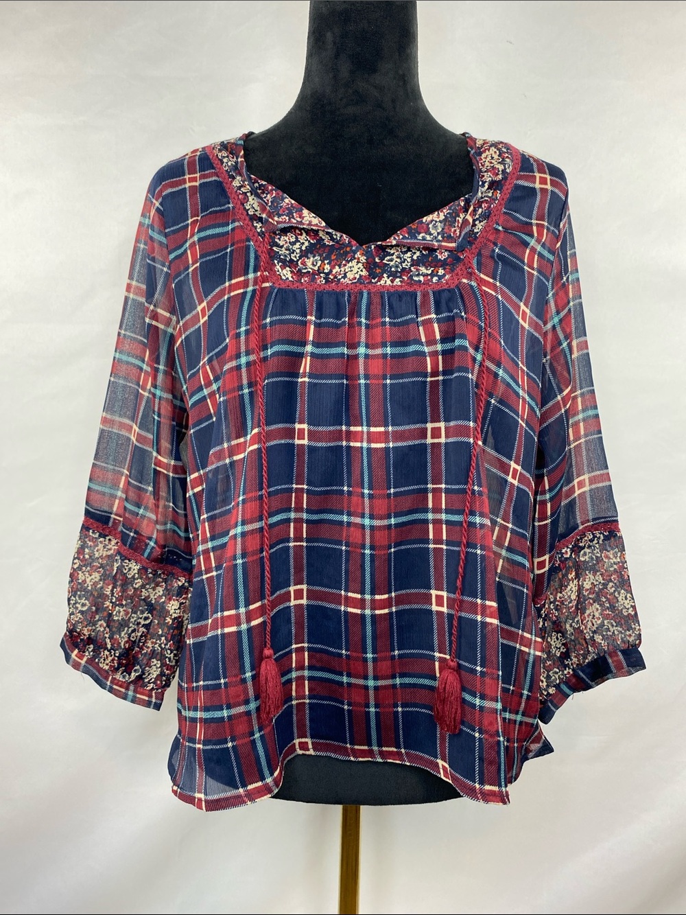 Boho Cottagecore Plaid Floral Patchwork Sheer Peasant Blouse Size Large